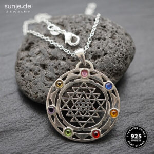 Sri Yantra Chakrasteine Anhänger mit Kette 925er Sterling Silber