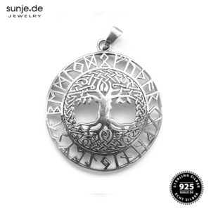 Lebensbaum mit Runenrand  925er Silber-Anhänger mit Kette
