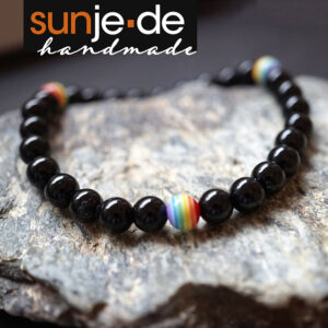 Schwarzes Onyx Edelstein Armband mit Rainbow Perle LGBTQ
