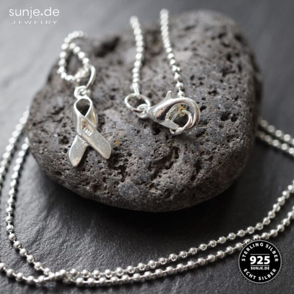 Kleine Achtsamkeitsschleife aus 925er Silber, Awareness Anhänger mit Kugelkette